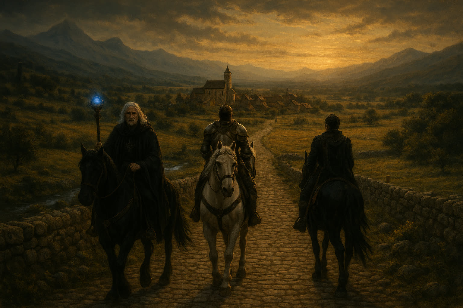 Argus, Bennet, and Cassian riding toward Evenmere